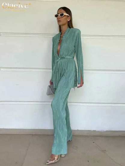 Clacive Autumn Green Pleated Pants Set Bodycon Slit Trosuer Suits Fashion Lace-Up Long Sleeve Blazer