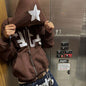 Star Letter Print Hoodie Men Retro Zip Up Long Sleeve Loose Jacket Coats