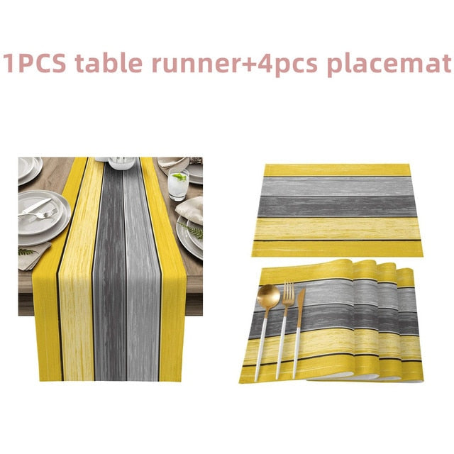 Farmhouse Wood Texture Table Runner Tablecloths Combination Set Wedding Party Event Dining Table Decoration Hotel Home Tablecloth