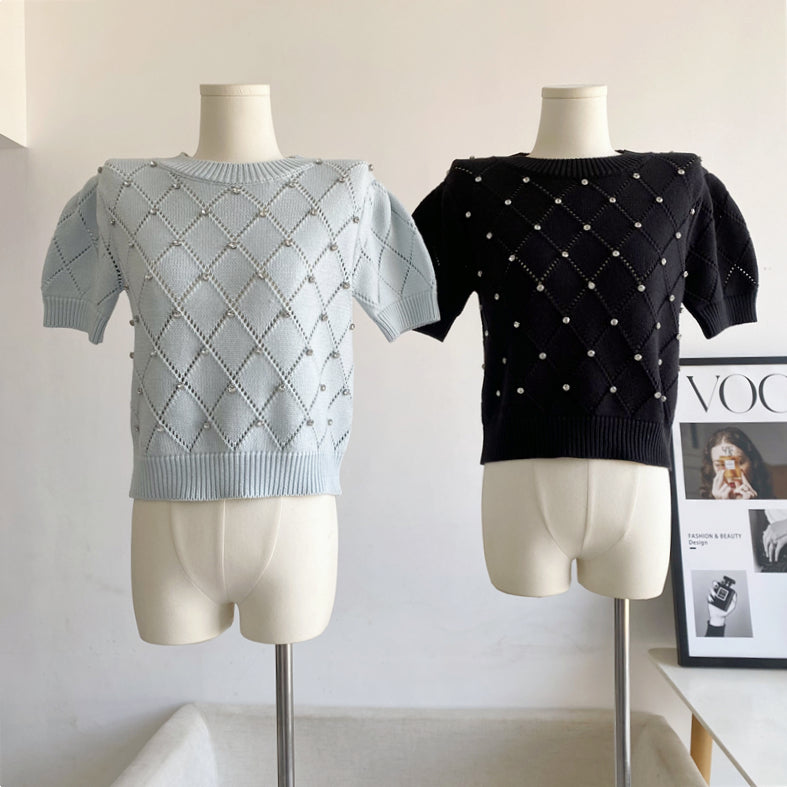 iamanten Argyle Knit Korean Sweater Women 2023 Summer Short Sleeve O-neck