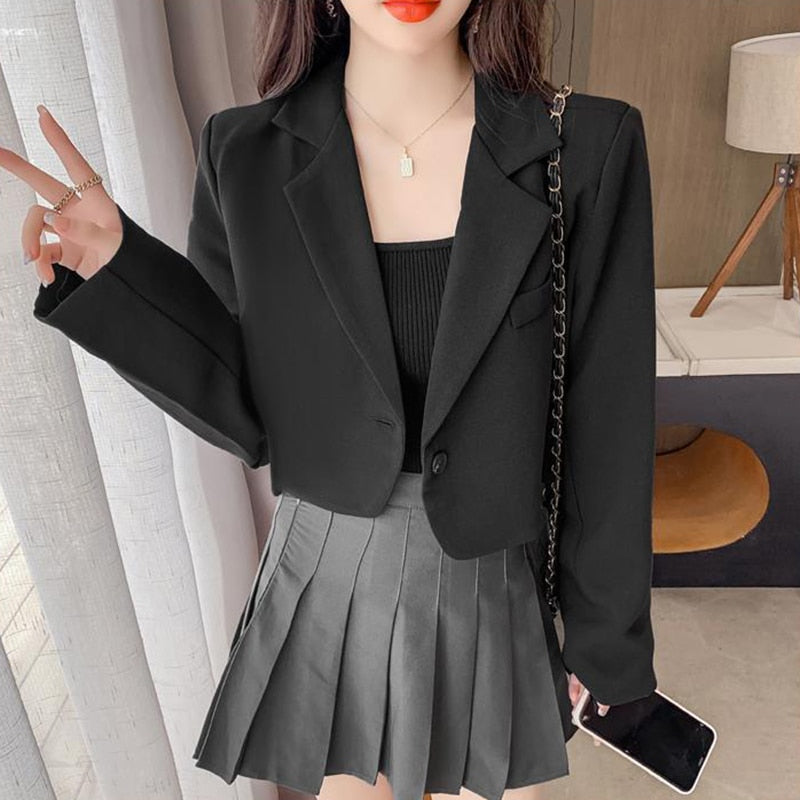 koreanische kurz geschnittene Blazer Frauen einfarbig einfache Ein-Knopf-Outwear Teenager All-Match