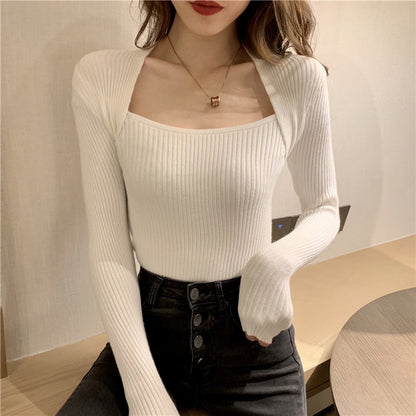 Sweater long sleeve top square collar casual fashion