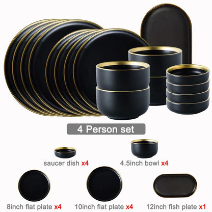 Black Dinnerware Set Ceramic Plates Dishes Plates and Bowls Set Food Plate Salad Soup Bowl Tableware Set for Restaurant