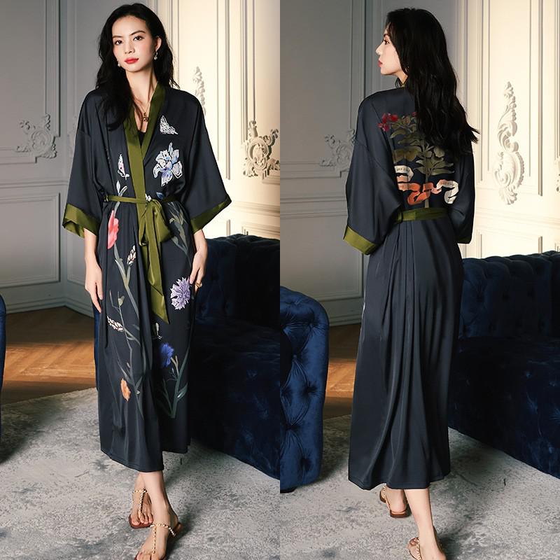 Black Print Flower Long Robe Nightgown Spring Summer Half Sleeve Kimono Bathrobe Gown Women Sexy Rayon Home Dress Loungewear