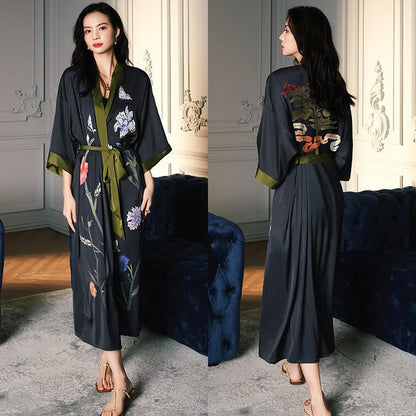 Schwarz Druck Blume Lange Robe Nachthemd Frühling Sommer Halb Hülse Kimono Bademantel Kleid Frauen Sexy Rayon Hause Kleid Loungewear