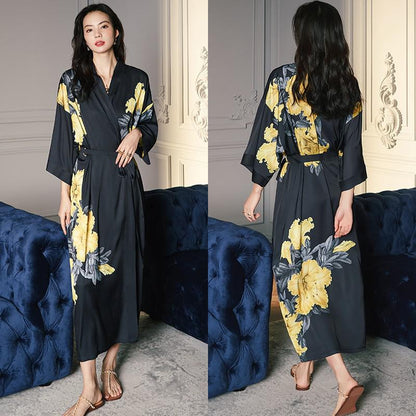 Schwarz Druck Blume Lange Robe Nachthemd Frühling Sommer Halb Hülse Kimono Bademantel Kleid Frauen Sexy Rayon Hause Kleid Loungewear