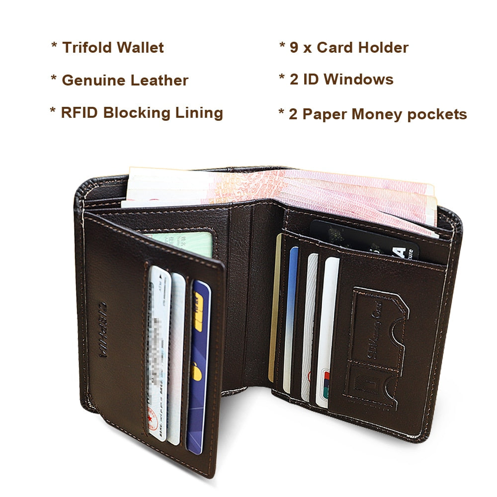 Genuine Leather Rfid Protection Wallets for Men Vintage Slim Short Multi Function ID Credit Card Holder Money Bag