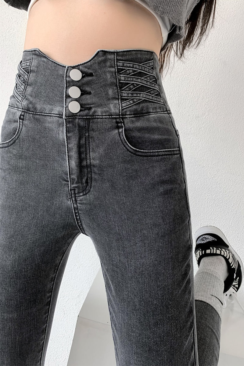 Dünne Bleistift Jeans Vier Tasten Vintage Hohe Taille Frauen Schlank Stretch Denim Hosen Engen Hosen 2022 frauen Hosen