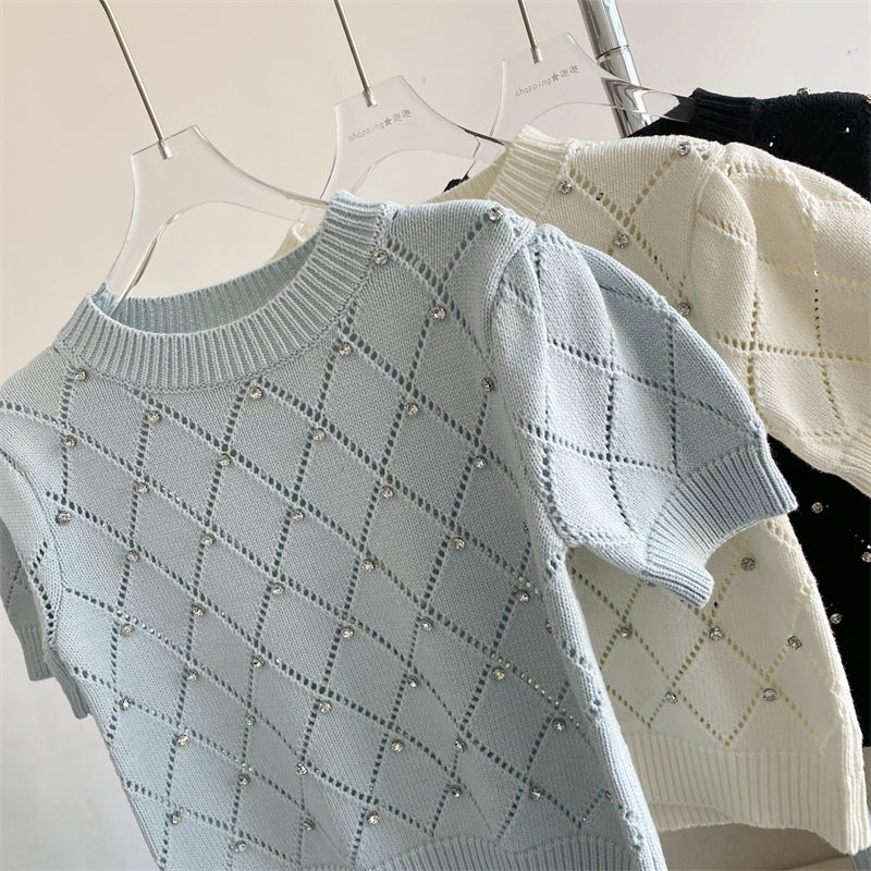 iamanten Argyle Knit Korean Sweater Women 2023 Summer Short Sleeve O-neck