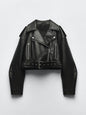 Vintage Loose Pu Faux Leather Short Jacket with Belt Streetwear Female Zipper Retro Moto