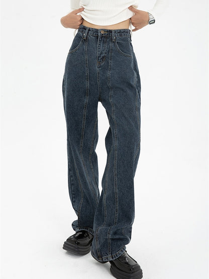 Dark Blue Women Jeans High Waist Vintage Straight Baggy Denim Pants Streetwear American Style Fashion Wide Leg Denim Pants