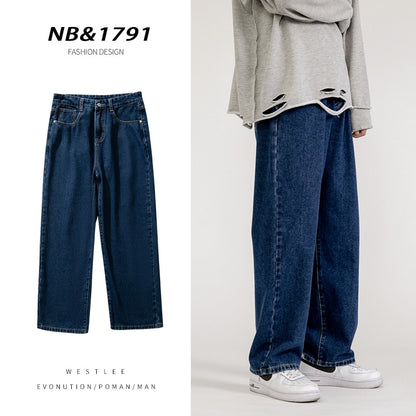 New Korean fashion men's baggy jeans classic unisex man straight denim pants wide leg hip hop bagy light blue gray black