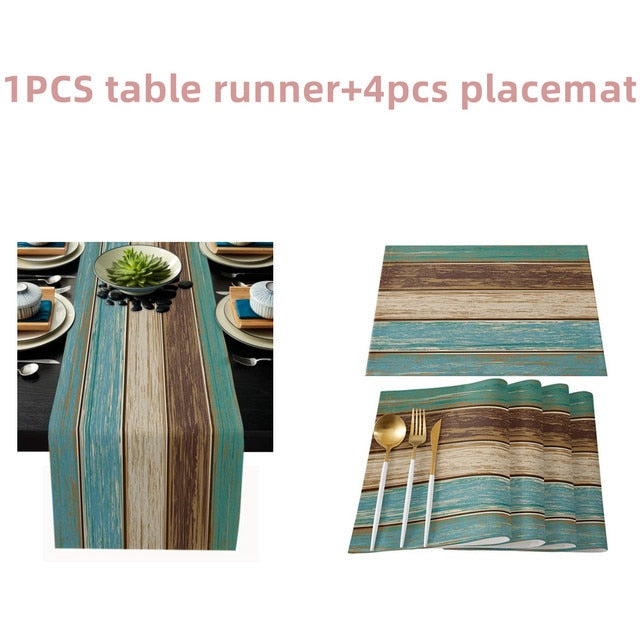 Farmhouse Wood Texture Table Runner Tablecloths Combination Set Wedding Party Event Dining Table Decoration Hotel Home Tablecloth