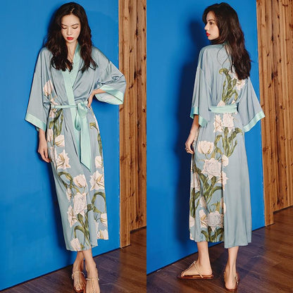 Black Print Flower Long Robe Nightgown Spring Summer Half Sleeve Kimono Bathrobe Gown Women Sexy Rayon Home Dress Loungewear