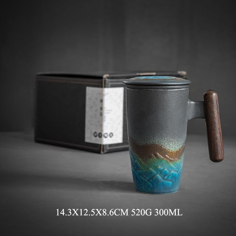 Ceramic Retro Coffee Mug Office Water Cup Filter Tea Cup with Lid Cups and Mugs Wooden Handle Caneca Birthday Gift Box cm061