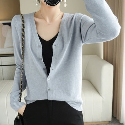Cardigans Women Autumn Single Breasted Knitted Sweater with V-Neck