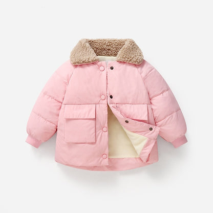 Neue Winter Kinder warme Baumwoll jacken Kaninchen Pelz Kragen Mäntel Baby kurze Stepp jacke