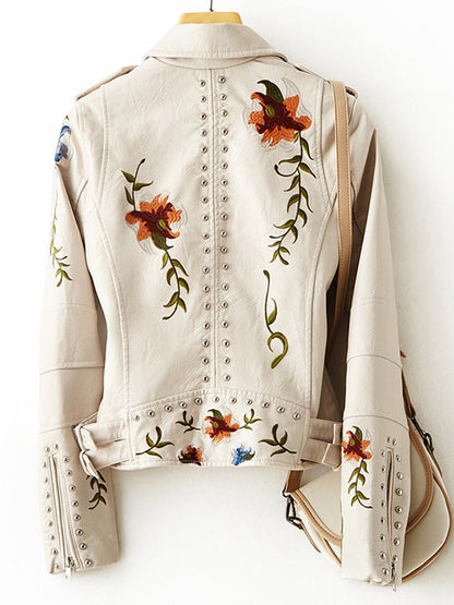 New Women Retro Floral Print Embroidery Faux Soft Leather Jacket Coat Turndown Collar