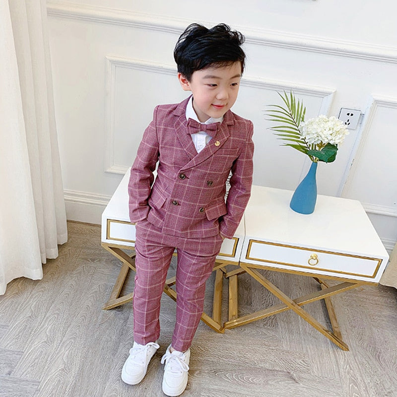 Flower Boys Formal Dress Suit Set Autumn Kids Plaid Double Breasted Blazer Pants 2Pcs Clothes