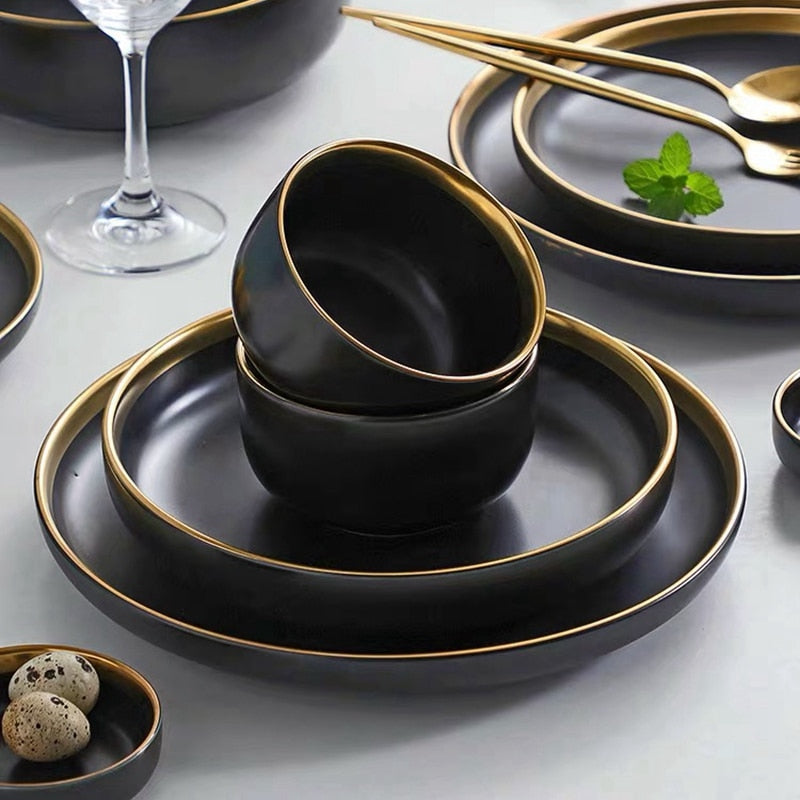 Black Dinnerware Set Ceramic Plates Dishes Plates and Bowls Set Food Plate Salad Soup Bowl Tableware Set for Restaurant