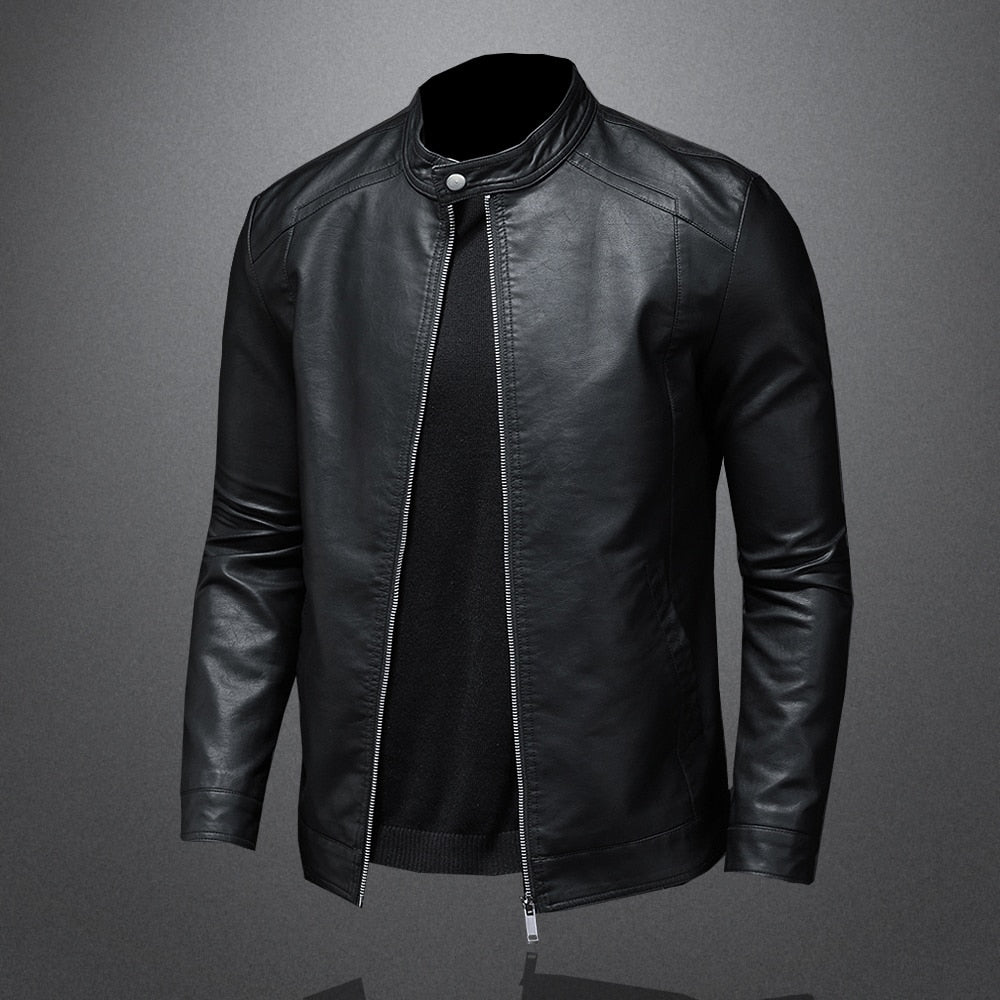 Spring Autumn Leather Jacket Men Stand Collar Slim Pu Leather Jacket Fashion Motorcycle Causal Coat