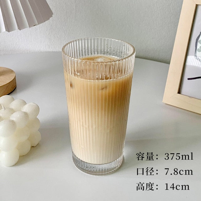 375Ml Simple Stripe Glass Cup With Lid and Straw Transparent Bubble Tea Cup Juice Glass Beer Can Milk Mocha Cups Breakfast Mug