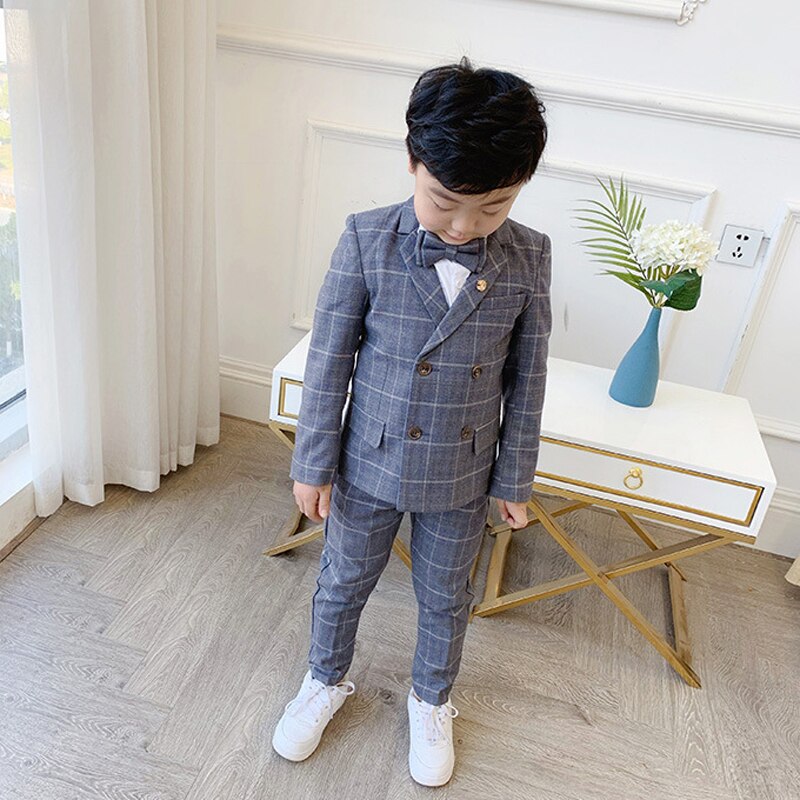 Flower Boys Formal Dress Suit Set Autumn Kids Plaid Double Breasted Blazer Pants 2Pcs Clothes