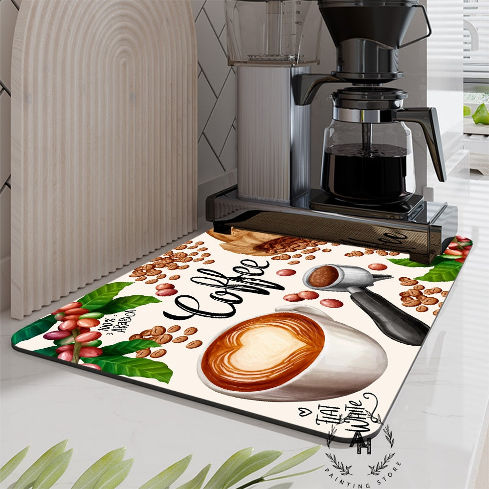 Retro Cafe Design Drain Pad Tableware Coffee Cup Placemat Kitchen Rugs Dish Drainer Absorbent Durable Napa Skin Bathroom Table Mat