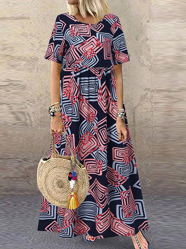 Fashion Summer Maxi Dress Women's Printed Sundress Casual Short Sleeve Vestidos Female High