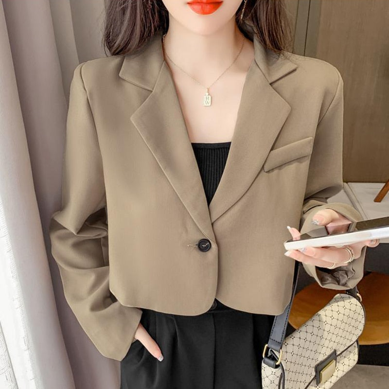 Korean Cropped Blazers Women Solid Color Simple One-Button Outwear Teenager All-Match