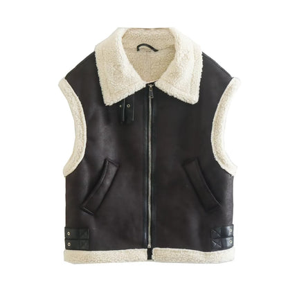 Fur Vest Women Faux Sheepskin Fur Vest Chic Lady Faux Leather Fleece Warm