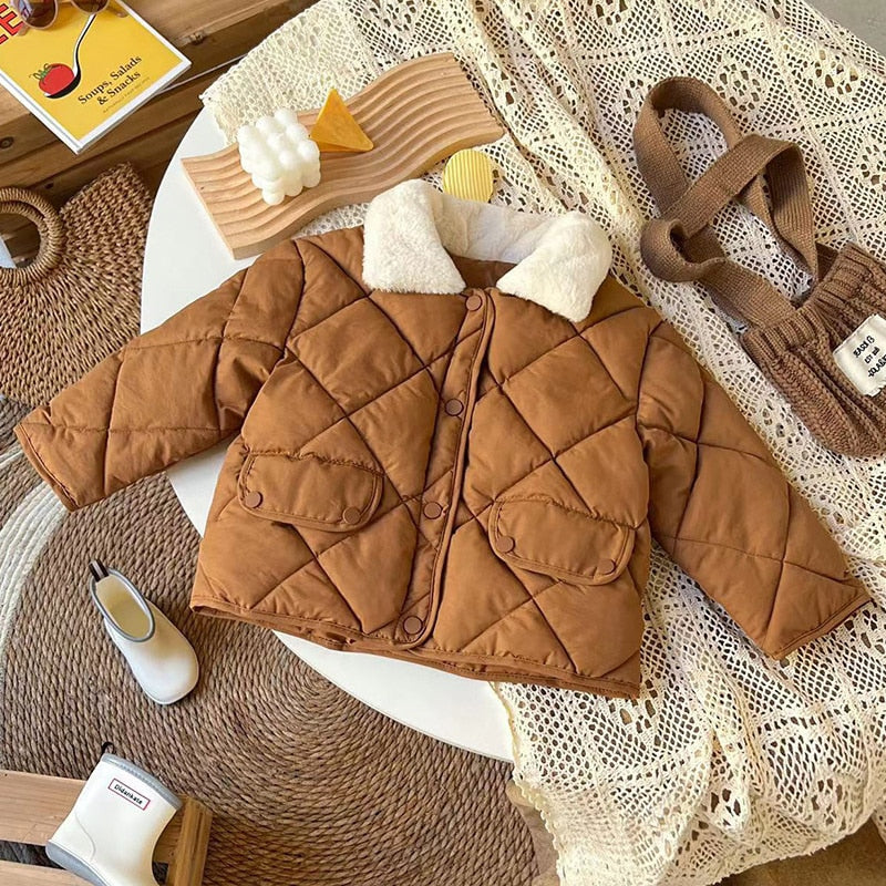 New winter children warm cotton jackets rabbit fur collar coats baby short quilted jacket