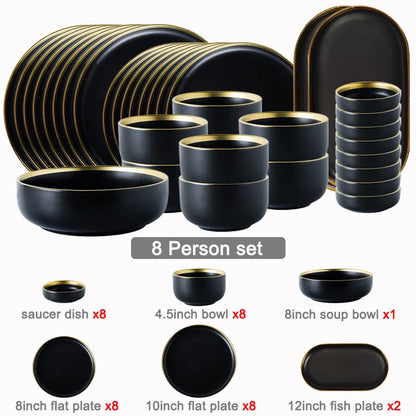 Black Dinnerware Set Ceramic Plates Dishes Plates and Bowls Set Food Plate Salad Soup Bowl Tableware Set for Restaurant