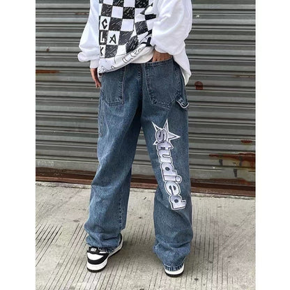 Women Korean Fashion Streetwear Casual Letter Print Straight Wide Leg Pants Baggy Denim Trousers Men Low Rise Jeans Clothes