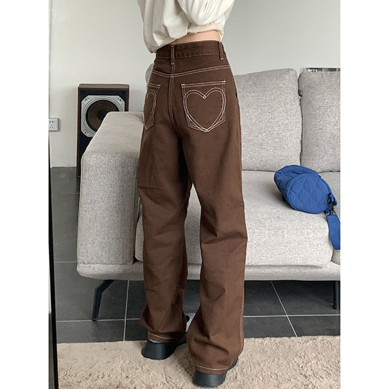 Brown Women's Jeans High Waist Vintage Straight Baggy Denim Pants Streetwear Heart Pattern Design Fashion Wide Leg Denim Pants