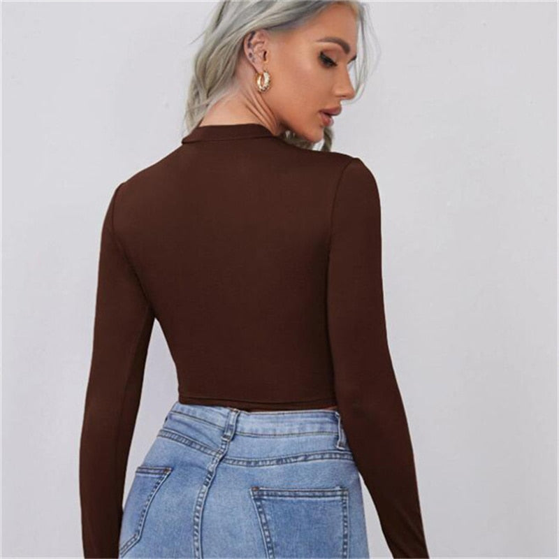 Women Basic Skinny Crop T-Shirt Half High Collar Long Sleeve