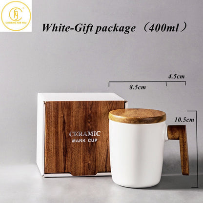 Gift Package Wooden Handle with Cover coffee cup Lovers coffee Mug Ceramic coffee Mug cup set wooden coffee cup