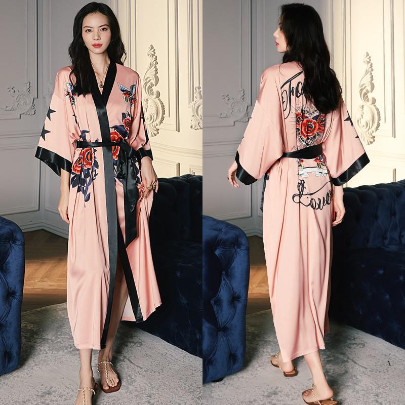 Schwarz Druck Blume Lange Robe Nachthemd Frühling Sommer Halb Hülse Kimono Bademantel Kleid Frauen Sexy Rayon Hause Kleid Loungewear