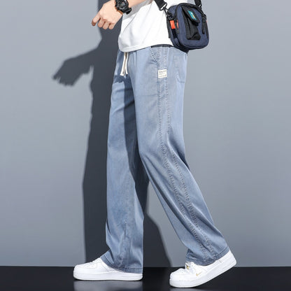 Summer Soft Lyocell Fabric Men's Jeans Thin Loose Straight Pants Drawstring Elastic Waist Korea Casual Trousers Plus Size M-5XL