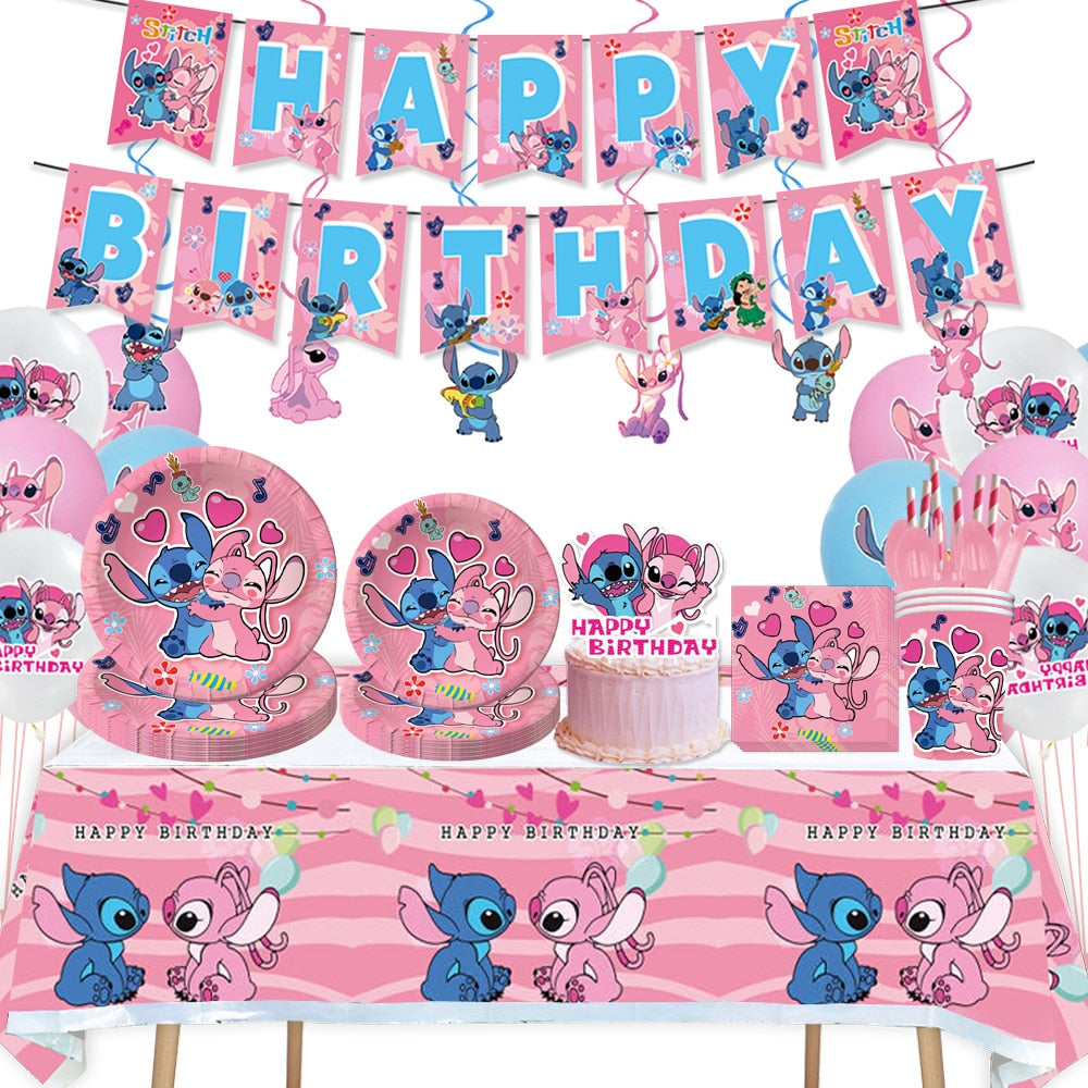 Disney Stitch Party Supplies Paper Napkins Tablecloth Plate Balloon Pink Angel Theme Baby Shower Girl Birthday Party Decoration