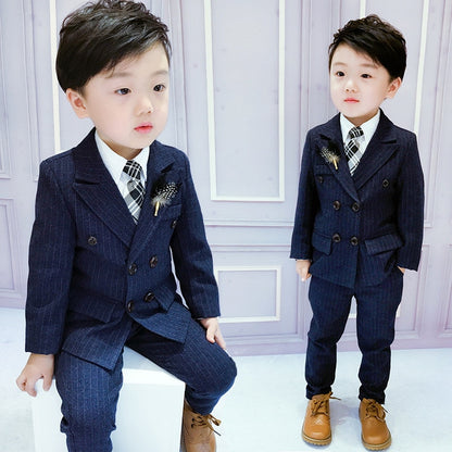 Flower Boys Formal Dress Suit Set Autumn Kids Plaid Double Breasted Blazer Pants 2Pcs Clothes