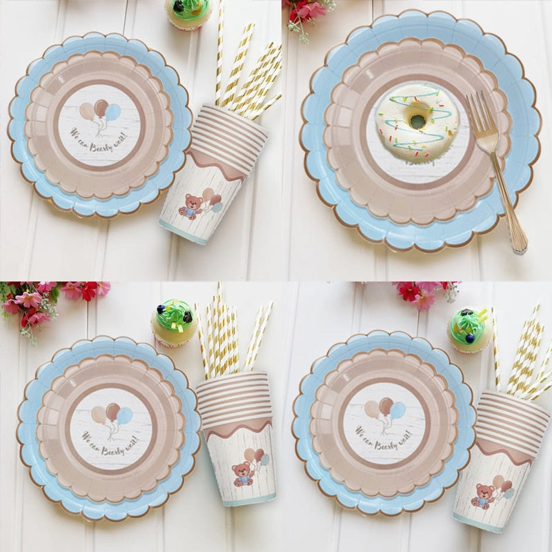 Cute teddy bear baby party disposable tableware sets brown blue napkin plate cup kids baby girl happy birthday party suppli