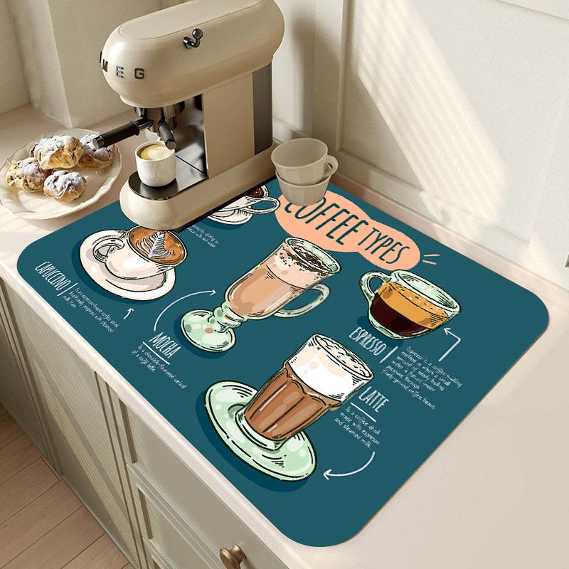 Retro Cafe Design Drain Pad Tableware Coffee Cup Placemat Kitchen Rugs Dish Drainer Absorbent Durable Napa Skin Bathroom Table Mat