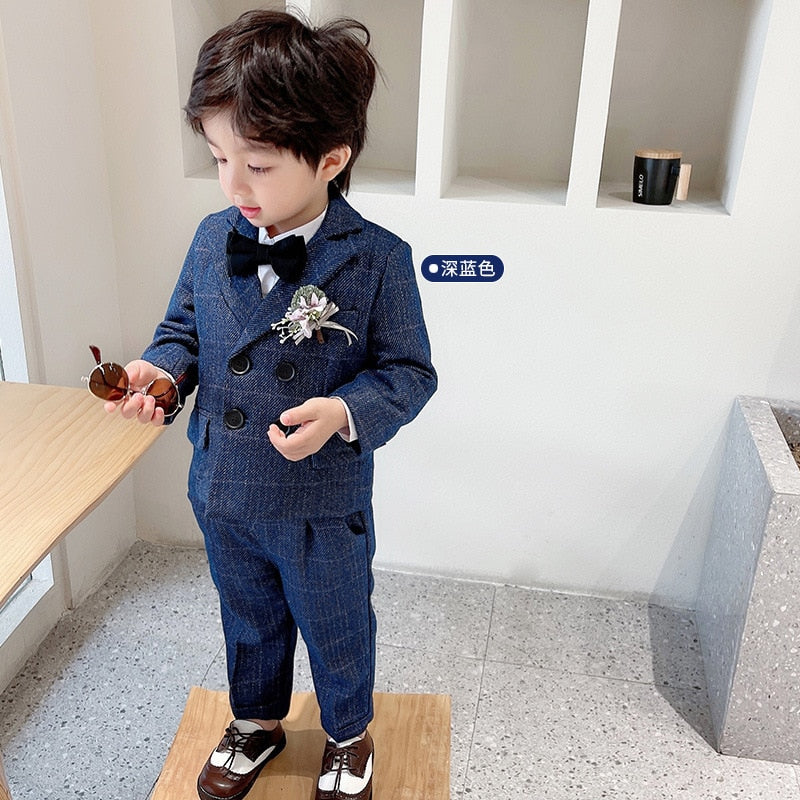 Flower Boys Formal Dress Suit Set Autumn Kids Plaid Double Breasted Blazer Pants 2Pcs Clothes