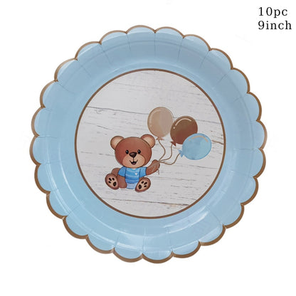 Cute teddy bear baby party disposable tableware sets brown blue napkin plate cup kids baby girl happy birthday party suppli