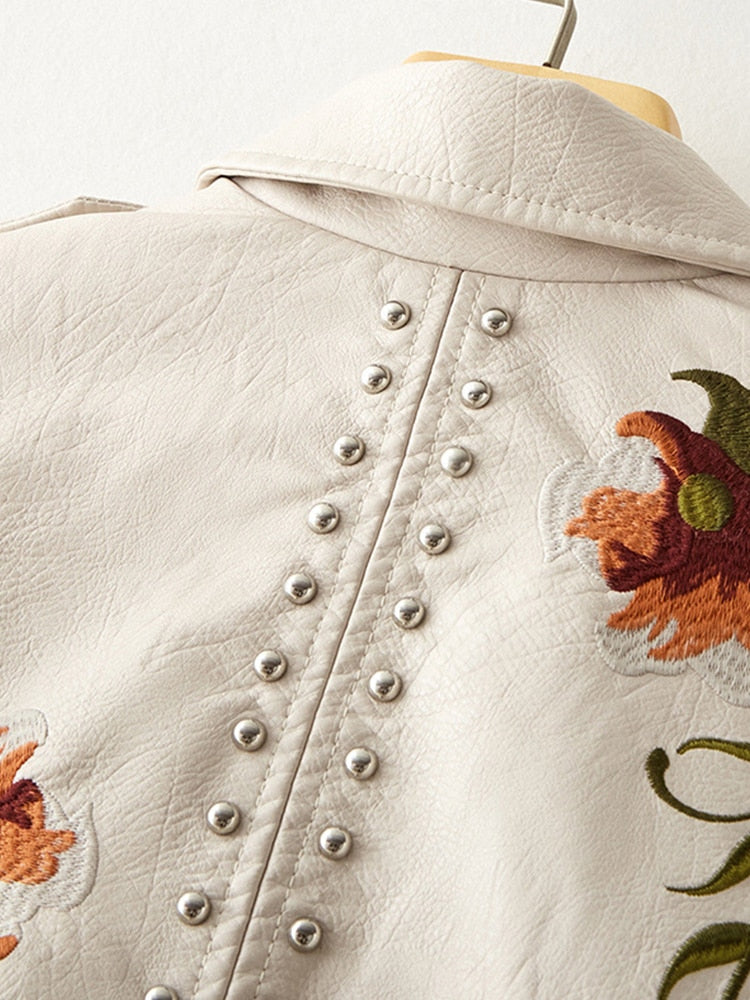 Neue Frauen Retro Floral Print Stickerei Faux Weiche Leder Jacke Mantel Turndown Kragen