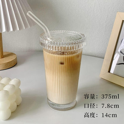 375Ml Simple Stripe Glass Cup With Lid and Straw Transparent Bubble Tea Cup Juice Glass Beer Can Milk Mocha Cups Breakfast Mug