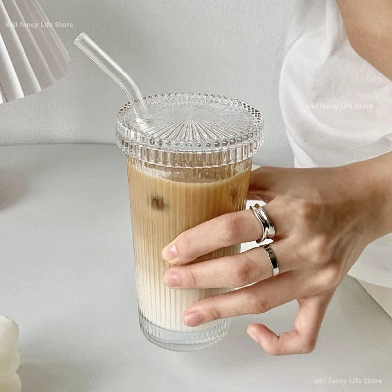 375Ml Simple Stripe Glass Cup With Lid and Straw Transparent Bubble Tea Cup Juice Glass Beer Can Milk Mocha Cups Breakfast Mug