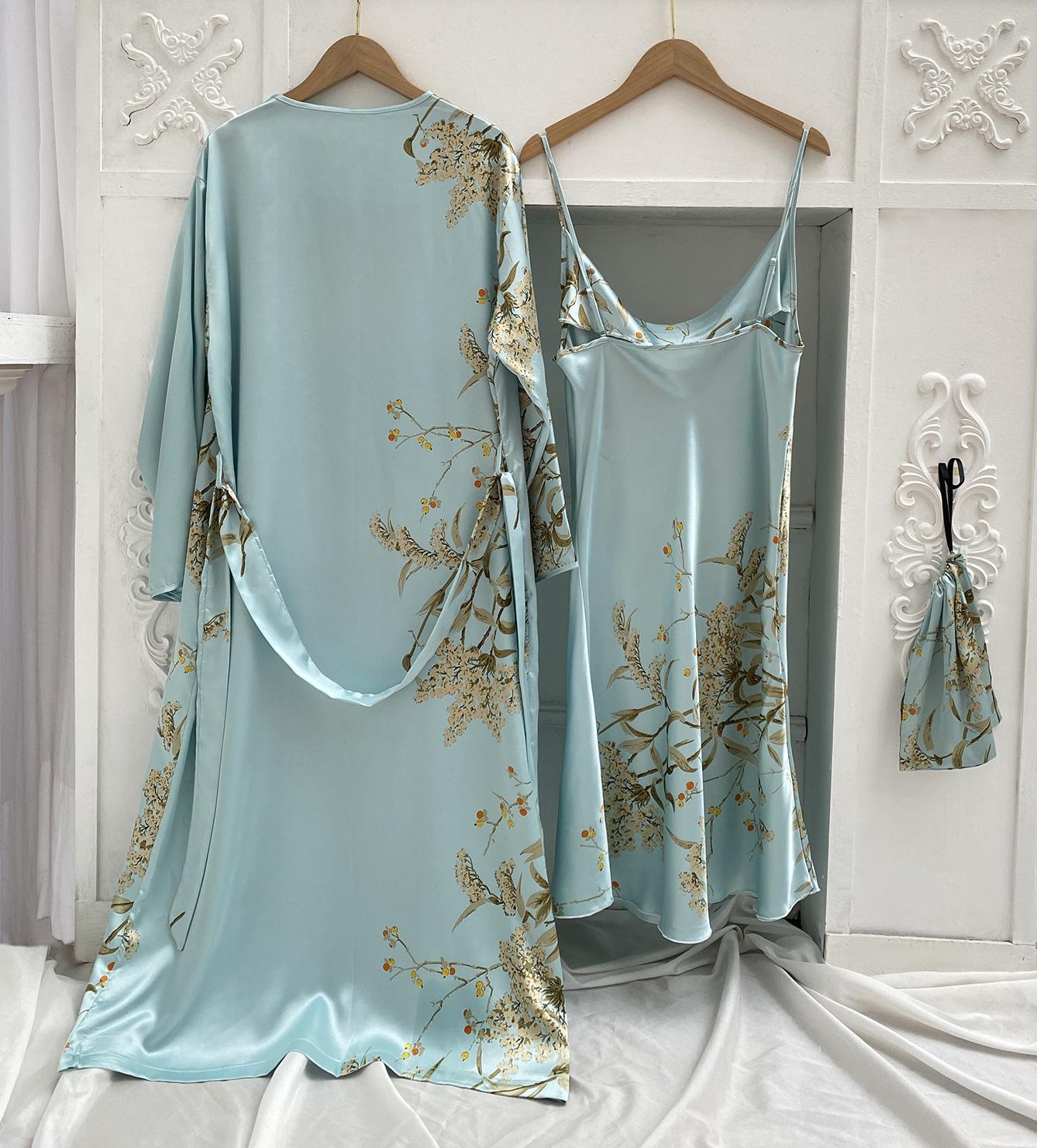 Print 2pcs Robe Sleep suit Women Bridal Kimono Bathrobe Gown Lingerie Satin V-neck Sleepwear Straps Nightdress Lounge wear