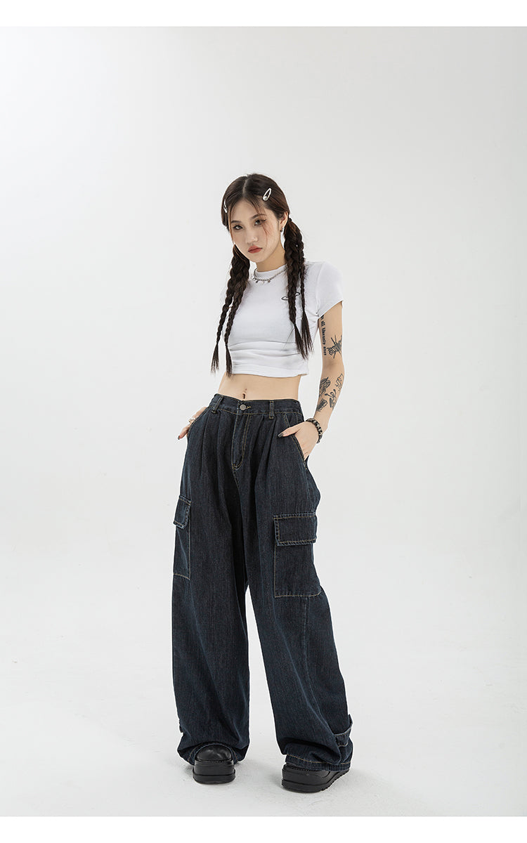 Summer Women Harajuku Cargo Baggy Blue Jeans Streetwear Hip Hop Overs ize Casual Wide Leg Vintage Jeans Pants y2k Loose Trousers